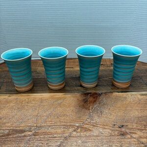 Vintage Set of 4 Terracotta Blue Swirl Glasses